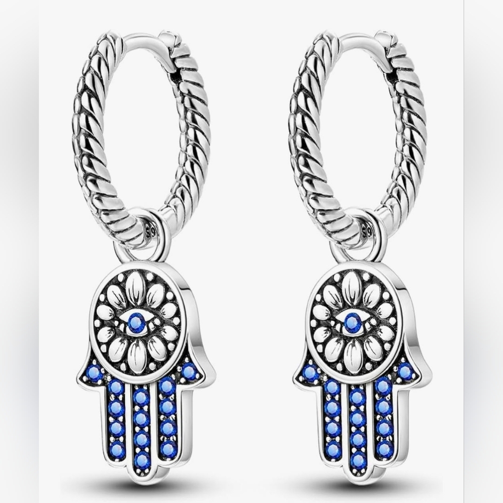 Silver and Blue Hamsa Earrings And Ring Set